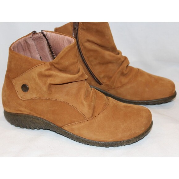 Naot Shoes - Womens Naot Kahika Ruched Zip Boots EU 37 US 6 Nubuck Flat Booties Amber Nubuck
